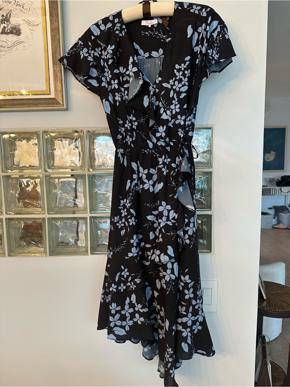 Parker Dark Navy Midi Wrap Dress with Light Blue Floral Print